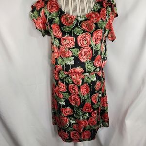 Annabella Rose Pattern Split Cap Sleeve Elastic Waist Dress Size Large